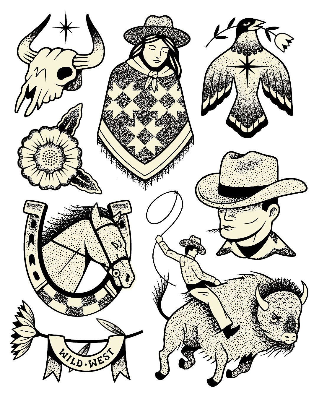 Planche de flashs de tatouage handpoke : bison, cowboy et cheval, thème far west