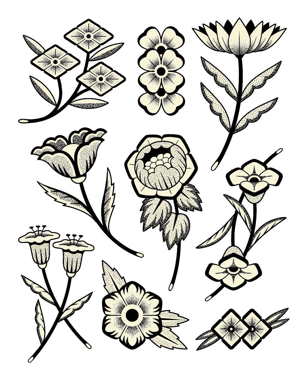 Planche de flashs de tatouage handpoke : fleurs et motifs botaniques
