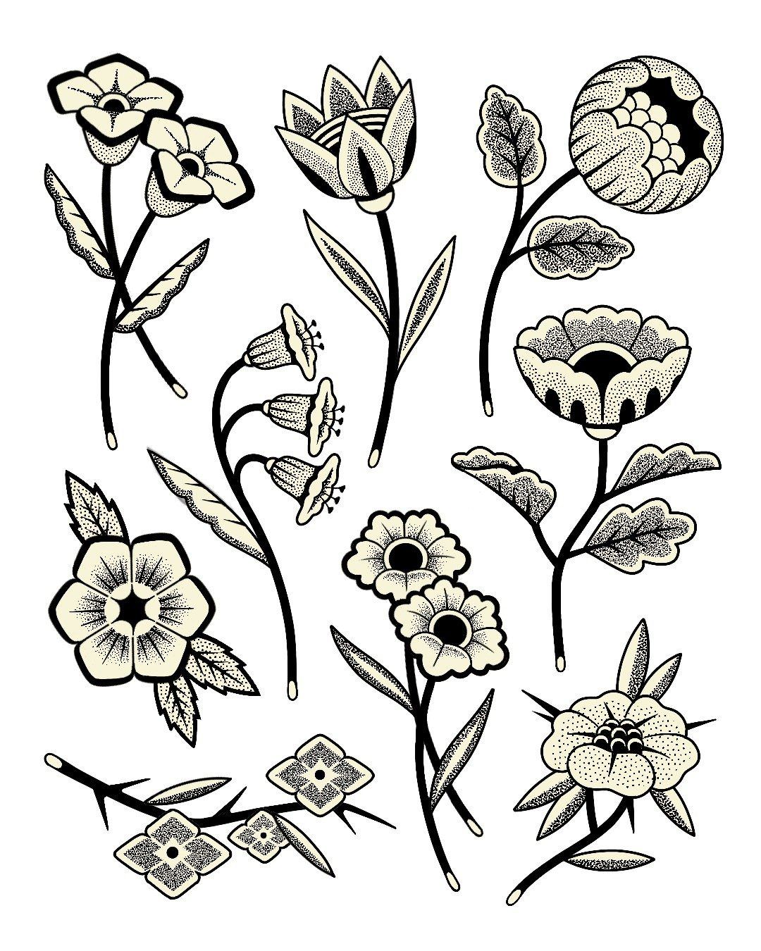 Planche de flashs de tatouage handpoke : fleurs, tulipes et motifs botaniques