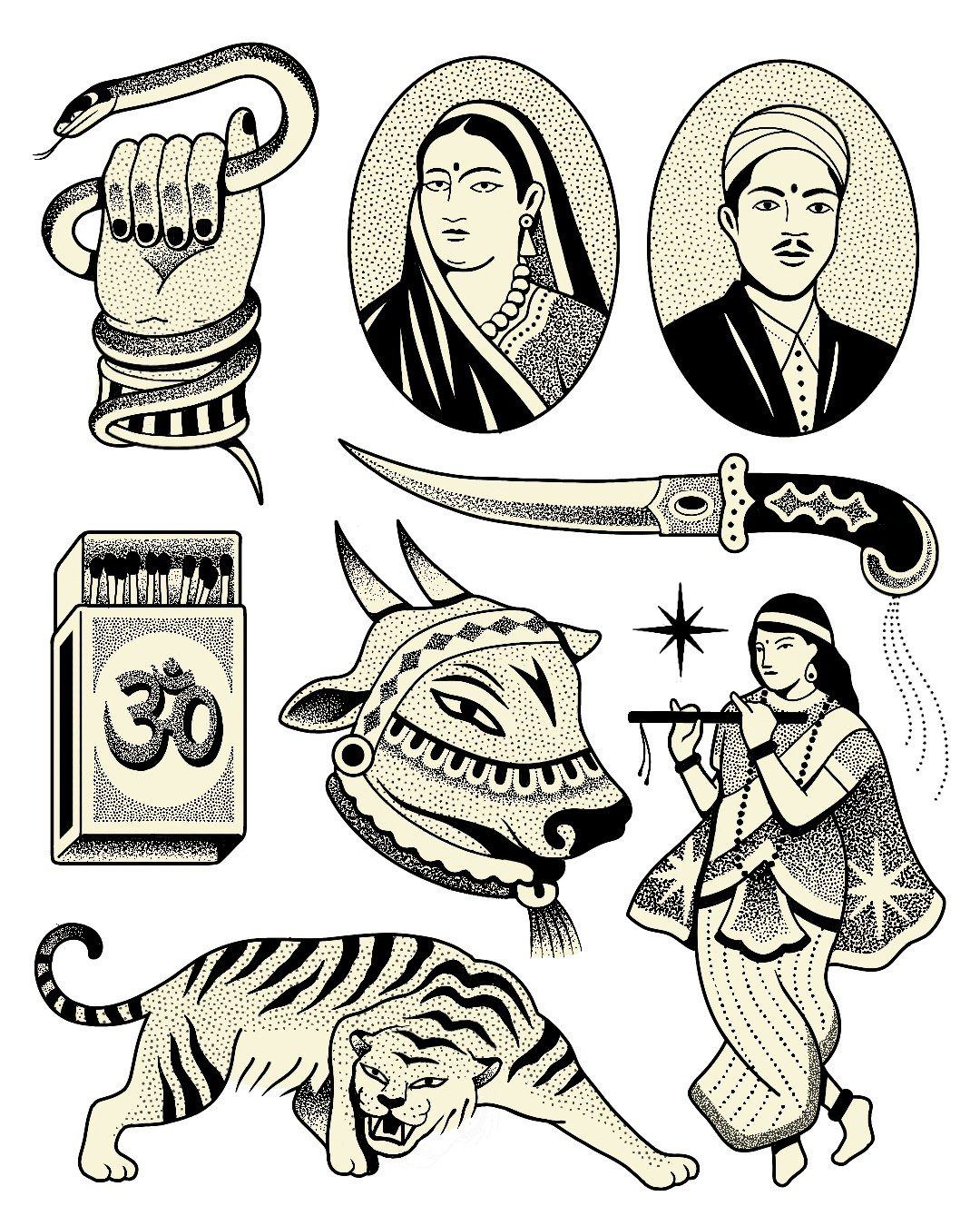 Planche de flashs de tatouage handpoke : tigre, vache sacrée et danseuse, inspiration indienne