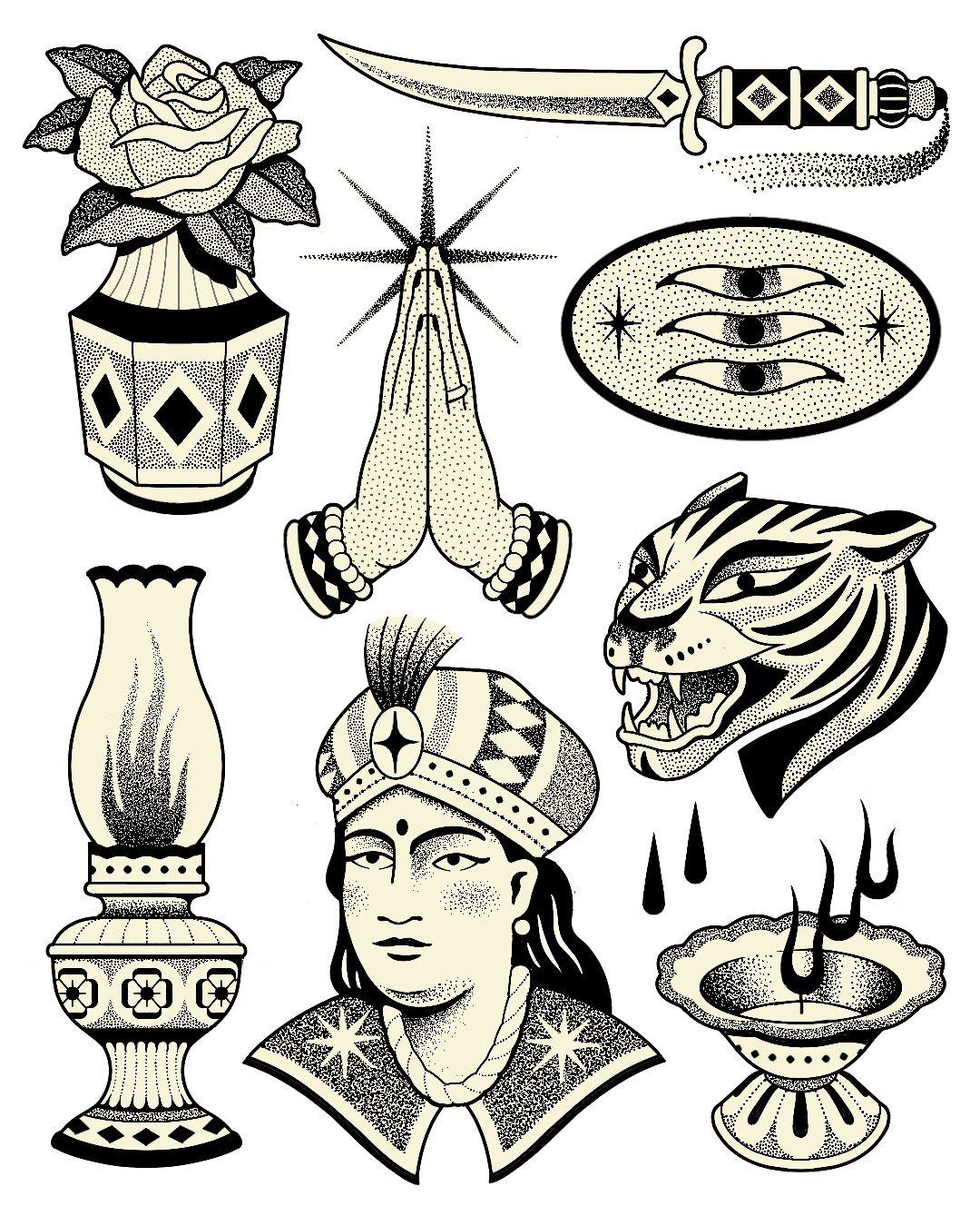 Planche de flashs de tatouage handpoke : tigre, mains en prière et lampe, inspiration indienne