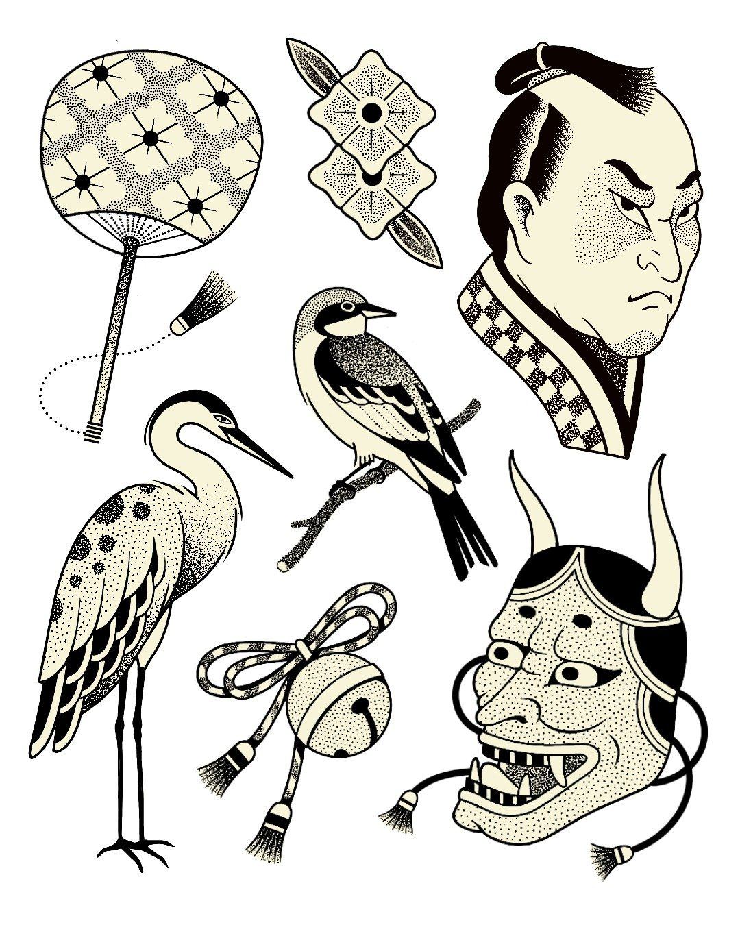 Planche de flashs de tatouage handpoke : héron, samouraï et masque hannya, inspiration japonaise
