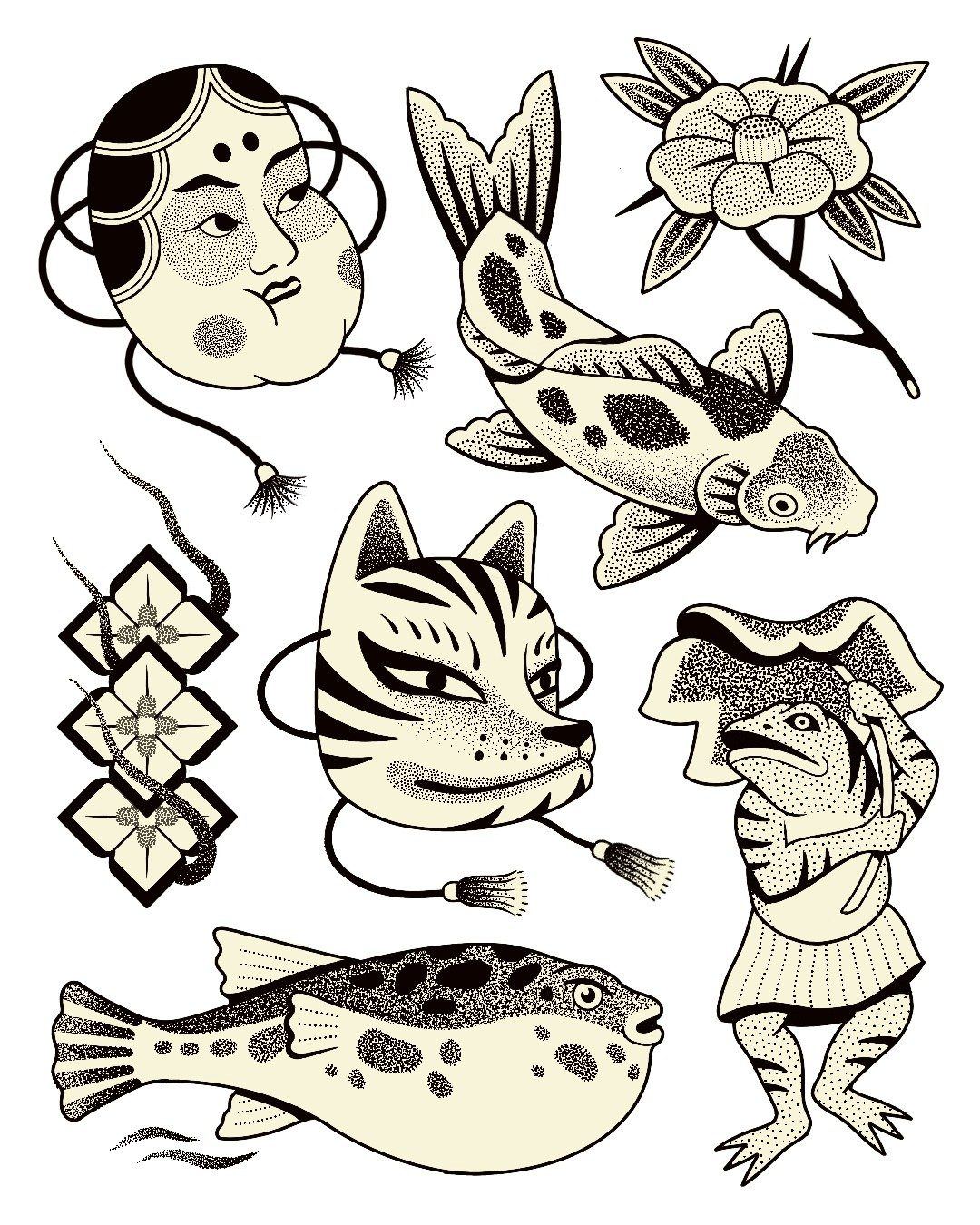 Planche de flashs de tatouage handpoke : masque kitsune, carpe koï et poisson-globe