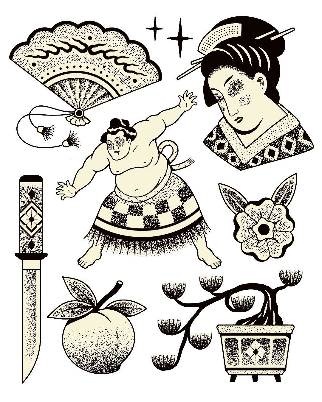 Planche de flashs de tatouage handpoke : sumo, geisha et éventail, inspiration japonaise