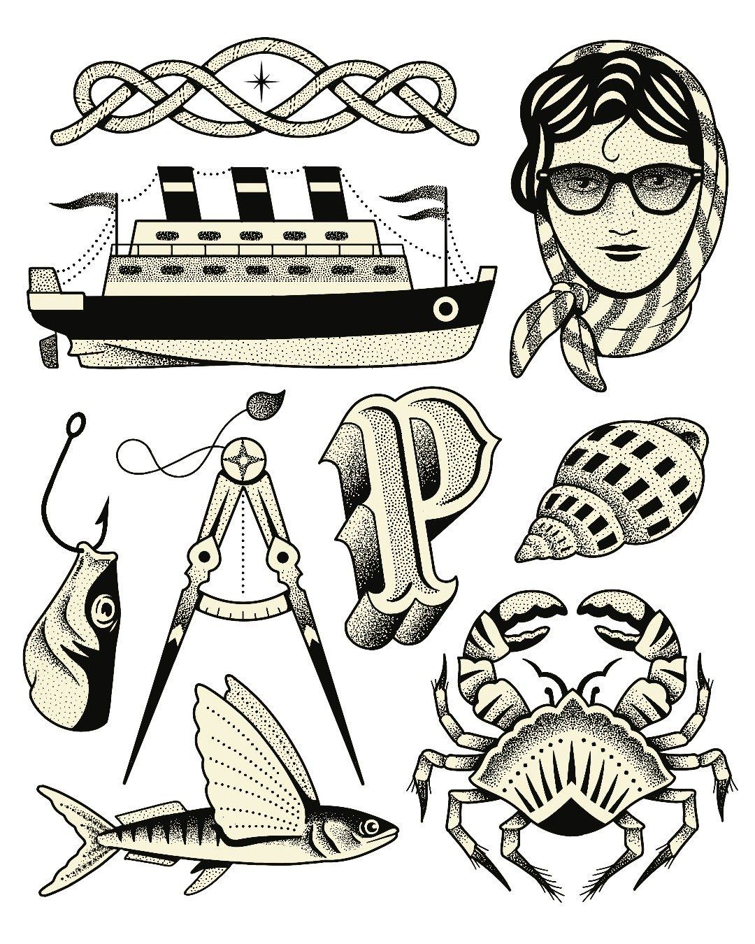 Planche de flashs de tatouage handpoke : paquebot, crabe et compas, thème marin
