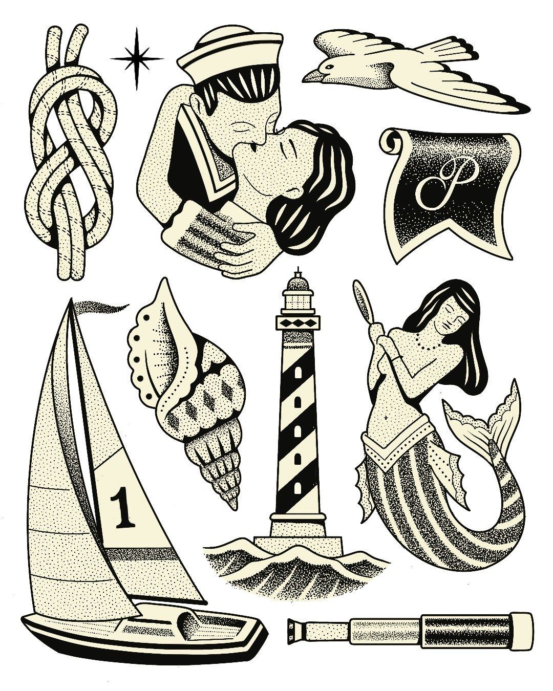 Planche de flashs de tatouage handpoke : phare, sirène et voilier, thème marin