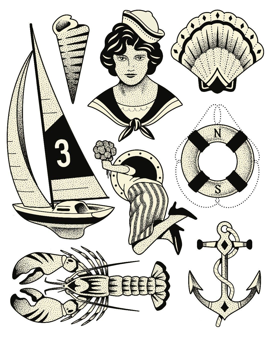 Planche de flashs de tatouage handpoke : voilier, bouée, ancre et homard, thème marin