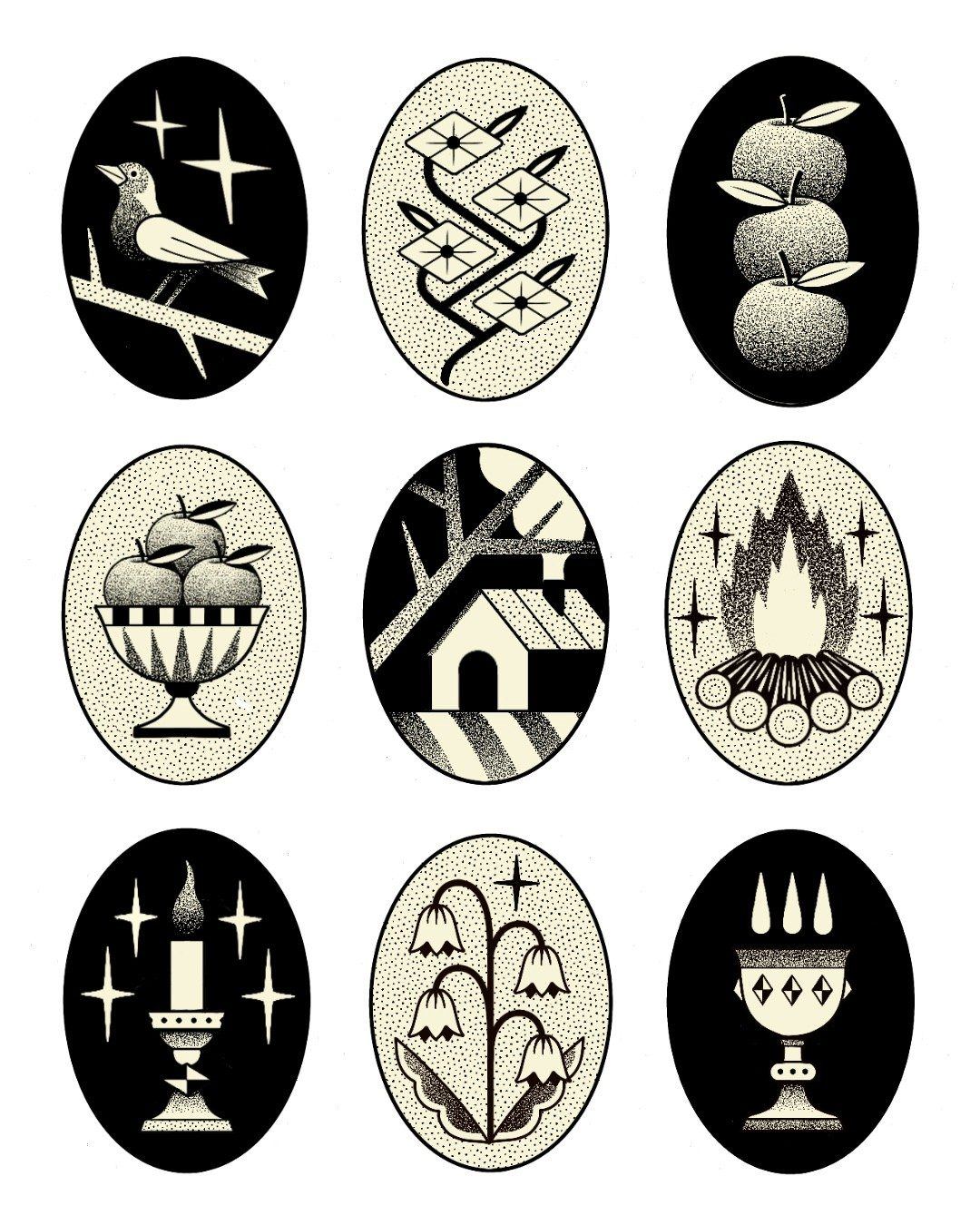 Planche de flashs de tatouage handpoke : médaillons noirs : oiseau, maison, feu et fleurs
