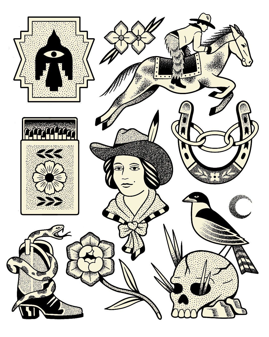Planche de flashs de tatouage handpoke : cowgirl, cheval et fer à cheval, thème western