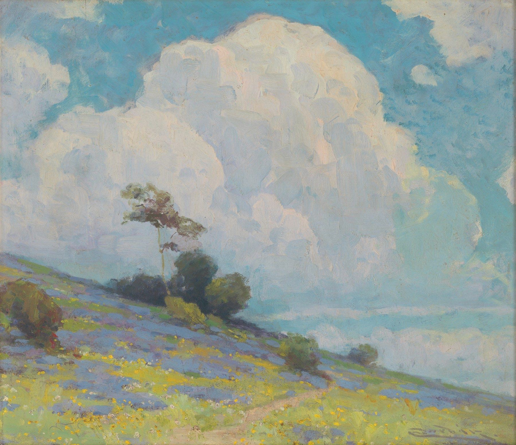 Peinture d'un paysage de collines fleuries
