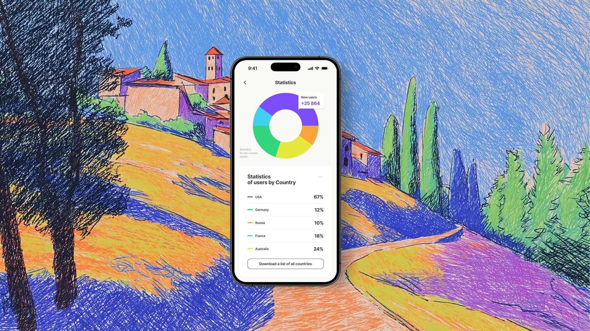 Smartphone displaying data analytics, colorful illustration background