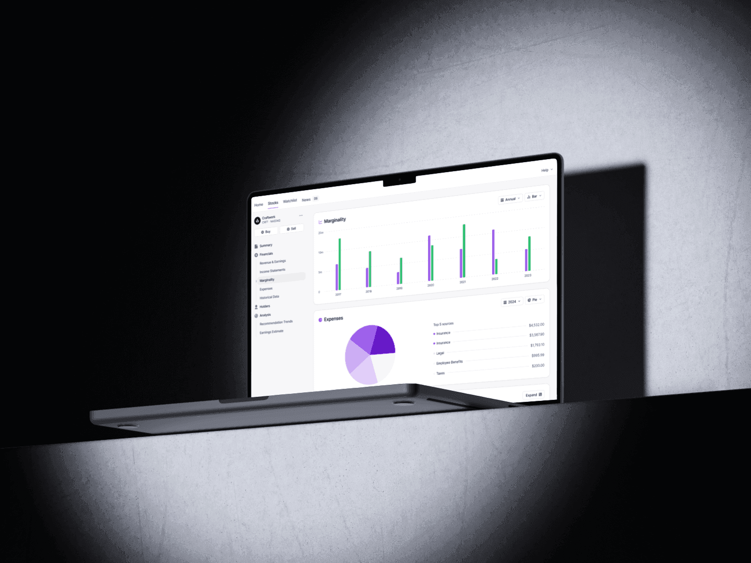 Laptop displaying data graphs and charts. Business analytics concept.