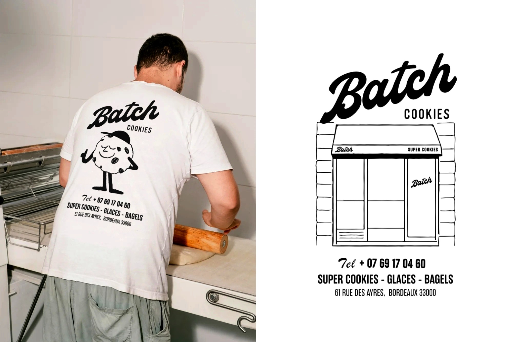 T-shirt de l’équipe Batch Cookies avec la mascotte, et illustration de la devanture de la boutique à Bordeaux